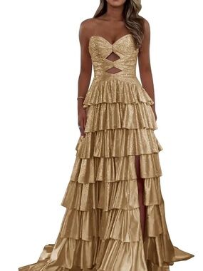 Gold Strapless Tiered Ruffle Maxi Dress with Cutout Detail